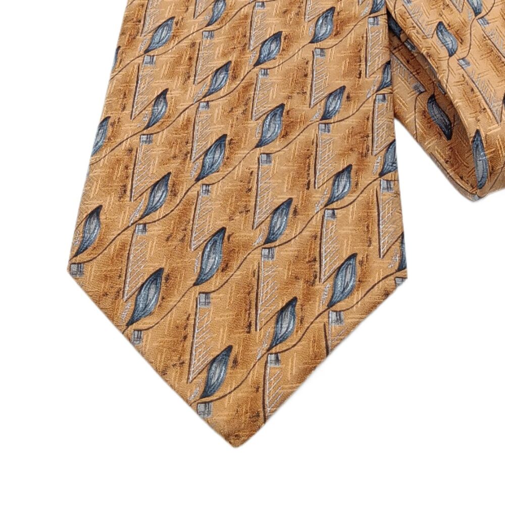Ferrell Reed Nordstrom Silk Tie Mens 59” Tan Blue Geometric Designer Wide New